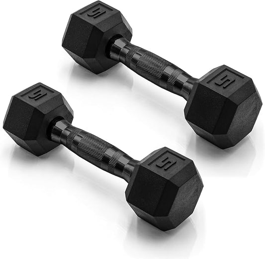 CAP Rubber Coated Dumbbell Weights, Free Weights for Home Gym Strength Training, Anti-Roll Hex Dumbbells with Black, Chrome & Comfort Grip Handles, Pairs & Sets