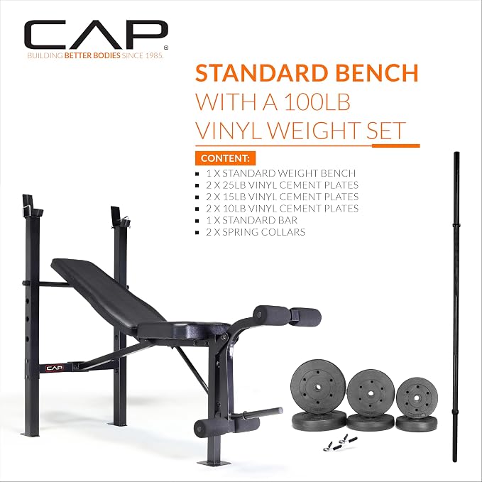 CAP Barbell Standard Weight Bench with Leg Developer and a 100 LB Vinyl Weight Set – Adjustable Backrest, Barbell, and Cement Plates for Home Gym