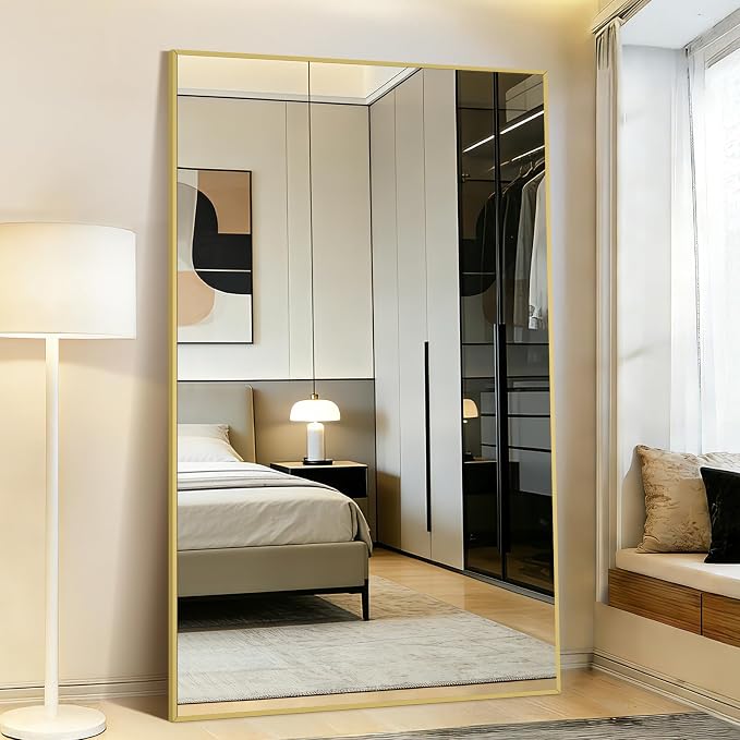 Mirrorons 72"x44" Oversized Full Length Mirror, Floor Standing or Wall Mounted with Hanging Kit, Shatterproof Tempered Glass Mirror for Living Room, Bedroom, Dressing Room, Gym (Gold)