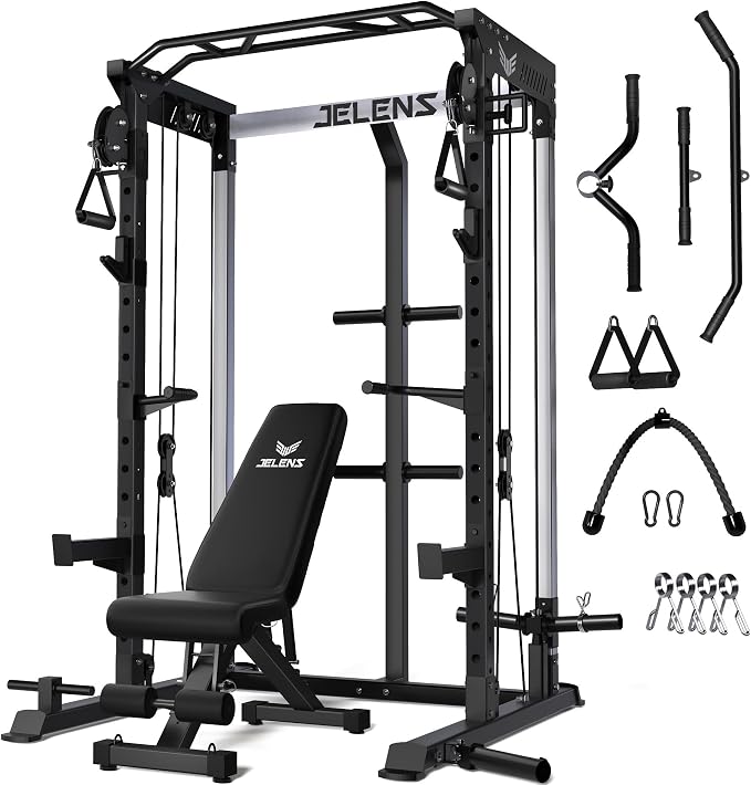 JELENS C21 Power Cage, 2000LBS Multi-Function Power Rack with Independent Dual Pulley System, All-in-One Squat Rack for Cable Crossover, Home Gym Workout Machine