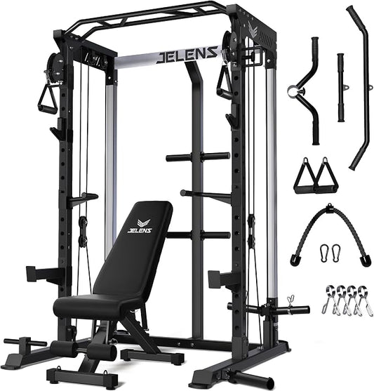JELENS C21 Power Cage, 2000LBS Multi-Function Power Rack with Independent Dual Pulley System, All-in-One Squat Rack for Cable Crossover, Home Gym Workout Machine