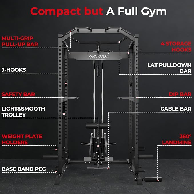 Mikolo F4 2.0 Power Cage with Dual-Track Smooth Pulley System, 1200LBS Power Rack with Leg Hold-Down for Heavy LAT Pulldowns