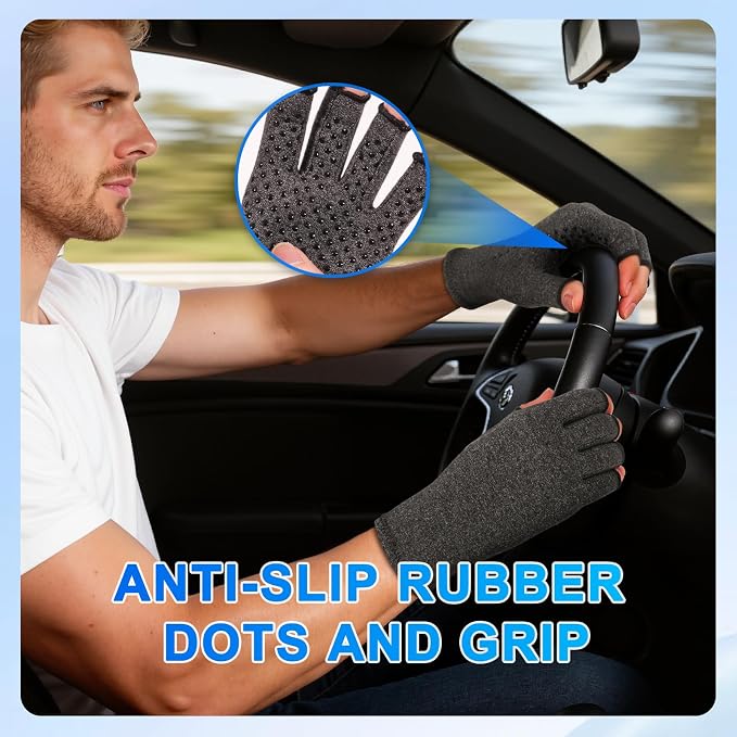 DRNAIETY 2 Pairs Arthritis Compression Gloves- for Hand Arthritis, Carpal Tunnel Pain, Rheumatoid Arthritis, RSI, Fingerless, Anti-Slip, Breathable Gloves for Men & Women, Typing, Daily Use(XL, Gray)