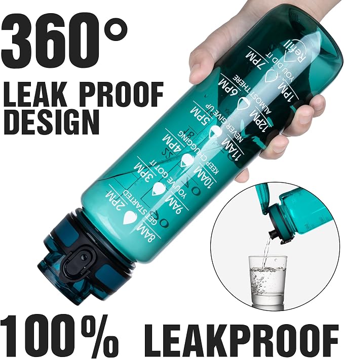 OLDLEY Water Bottle, 32oz Motivational Sports Water Bottle with Time Marker - Times to Drink - Tritan, BPA Free, Wide Mouth Leakproof,Deep Sea