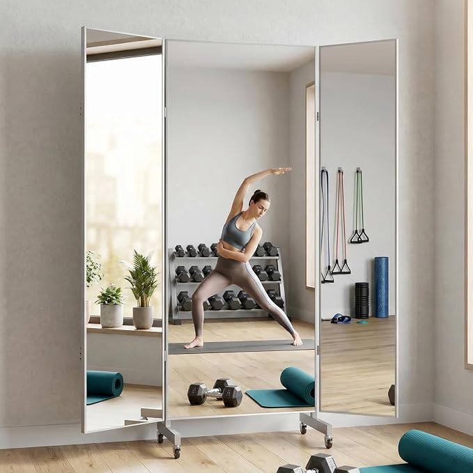 Full Length Mirror with 360° Wheels, 47" x 63" Foldable Floor Mirror with Nano-Tech Shatterproof Film - Ultra-Large Mobile Mirror for Home Gym, Dance Studio & Commercial Spaces (Sliver)