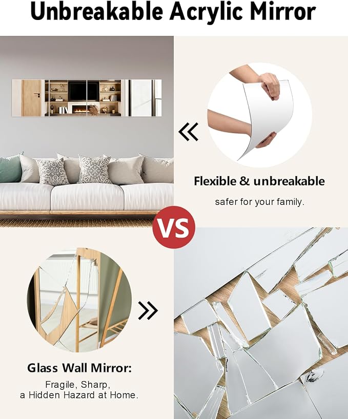 Full Length Wall Mirror Tiles, 12'' x 12'' x 4PCS, Acrylic Unbreakable Full Body Mirror for Bedroom Squares Shatterproof Mirror Sheets Wall Mounted for Home Gym Door Plexiglass Mirrors Safe for Kids
