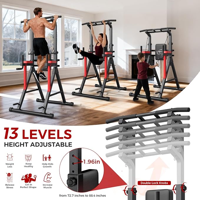 Power Tower Pull Up Bar Free Standing,Multi-Level Adjustable Height Dip Station, Multi-Grip Handles,Backrest,Home Gym Strength Training Equipment with Power Elastic Ropes,Capacity 400LBS