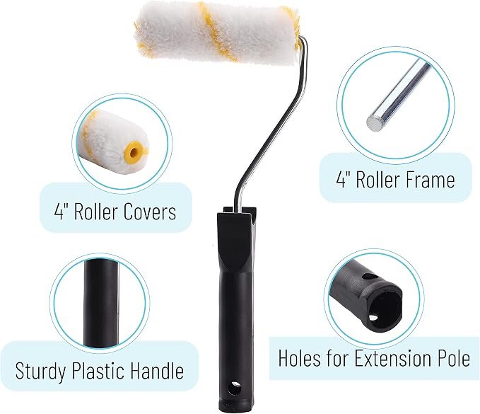Bates- Paint Tray Set, Paint Roller Kit, 4 inch, Foam Roller, Roller Brush, Paint Tray, Roller Covers, Frame, Naps for House Painting Supplies