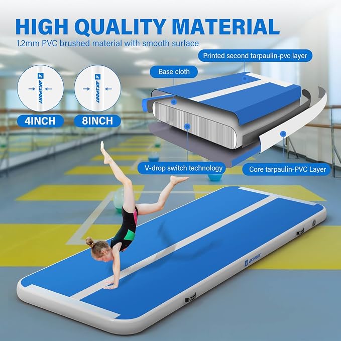 AKSPORT Gymnastics Air Mat Tumble Track Tumbling Mat Inflatable Floor Mats with Air Pump for Home Use/Tumble/Gym/Training/Cheerleading/Parkour/Beach/Park/Water