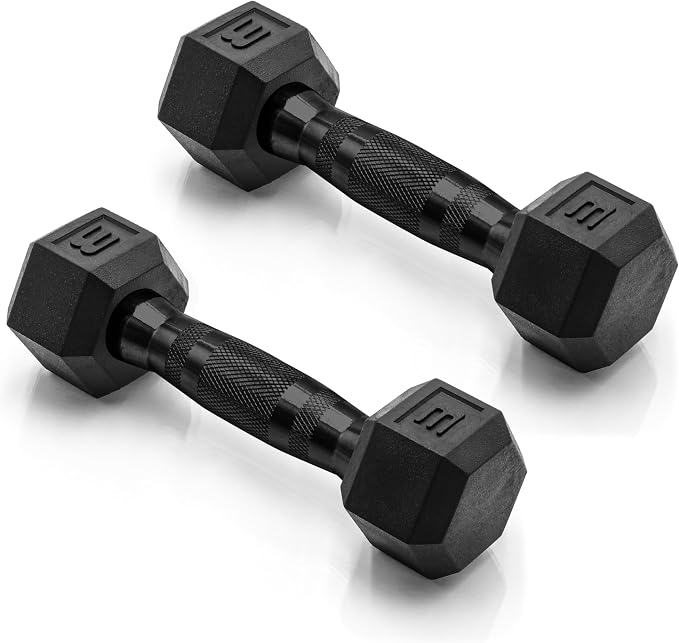 CAP Rubber Coated Dumbbell Weights, Free Weights for Home Gym Strength Training, Anti-Roll Hex Dumbbells with Black, Chrome & Comfort Grip Handles, Pairs & Sets