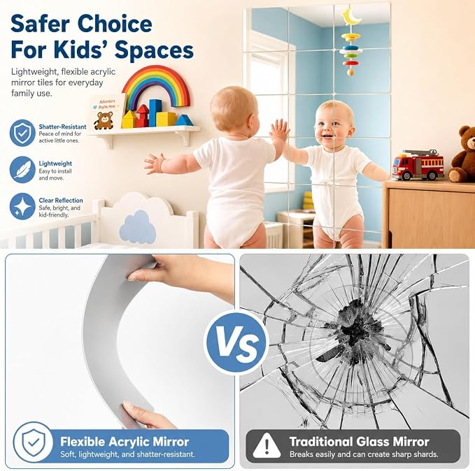 10 Packs Peel and Stick Mirrors for Wall, 11.8" x 11.8" Mirror Tiles | Self Adhesive 2MM Thick Frameless Acrylic Plastic Mirror Sheets Wall Stickers for Bedroom Bathroom Gym Door DIY Decor