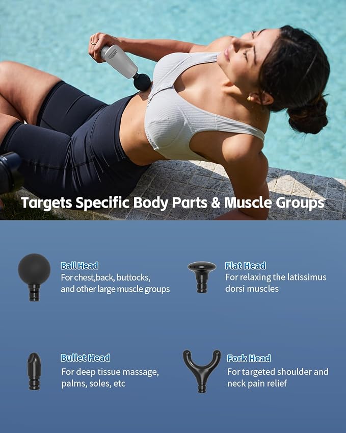 2-in-1 Detachable Massage Gun Deep Tissue with Extension Handle, Grey | Handheld Percussion Massager For Back Neck Arm Shoulder Waist, At Home Office Car Travel,Gifts For Women Men,FSA-HSA Eligible