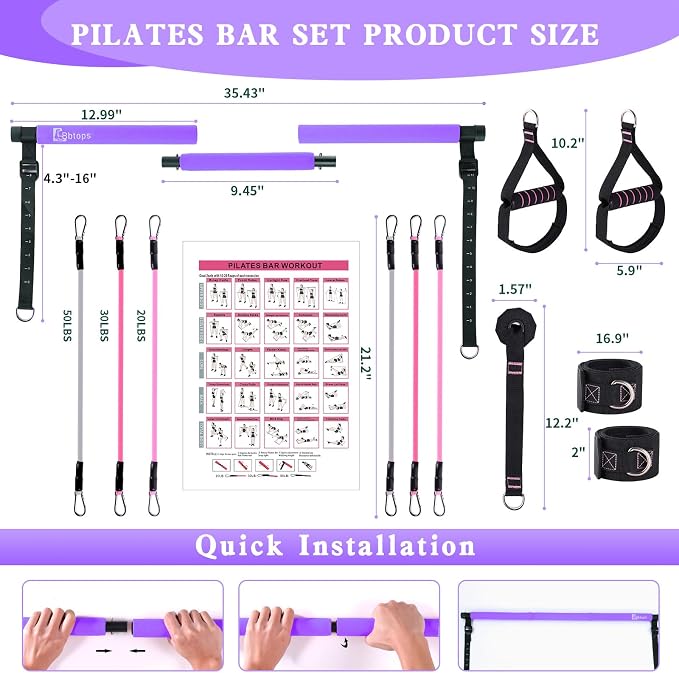Bbtops Pilates Bar Kit with Resistance Bands,Pilates Bar with Stackable Bands Workout Equipment for Legs,Hip,Waist and Arm,Exercise Fitness Equipment for Women & Men Home Gym Yoga Pilates