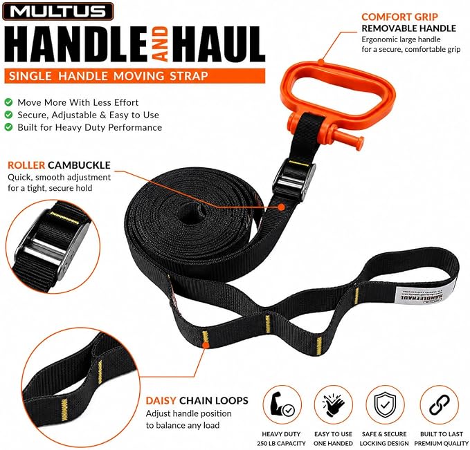 MULTUS Handle and Haul Moving Strap, 1 Handle - 1-Person Lift | 250 lb capacity, adjustable cam buckle; carries boxes, furniture, camping & hunting gear solo