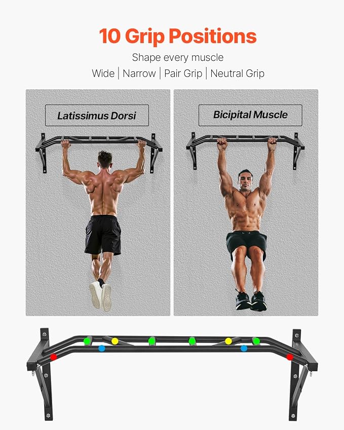 VEVOR Pull Up Bar, Multi-Grip Wall Mounted Pull Ups, 50 in Width Multifunctional Chin Up Training Station, Heavy Duty Steel Upper Body Workout Bars with Hangers, 440 lbs Weight Capacity, for Home Gym