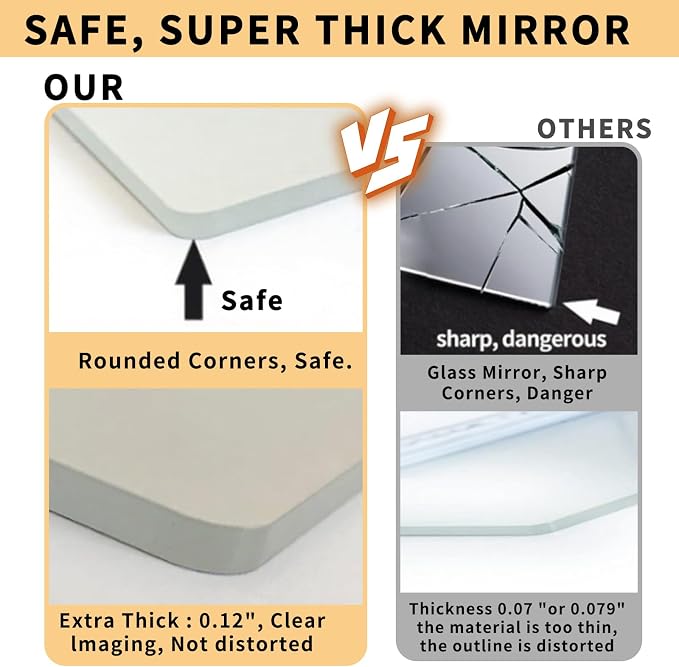 Unbreakable Kids Mirror Tiles for Wall Decor, 4 PCS 16 x 16 Inches Toddler Mirror Full Length, Stick on Classroom Small Plastic Baby Mirrors, Shatterproof Home Gym Acrylic Door Mirrors for Bedroom