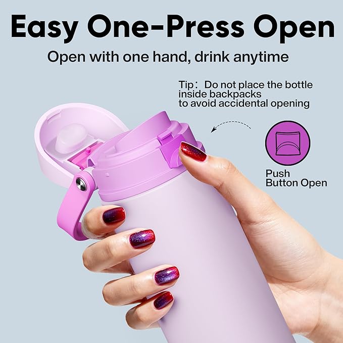 Insulated Water Bottle with Straw - Encool Stainless Steel Water Bottle with Push Button Lid, Leak-Proof & BPA-Free, Keeps Cold for 24 Hours for Sports, Travel, Gym (24 oz, Thistle-Fuchsia)