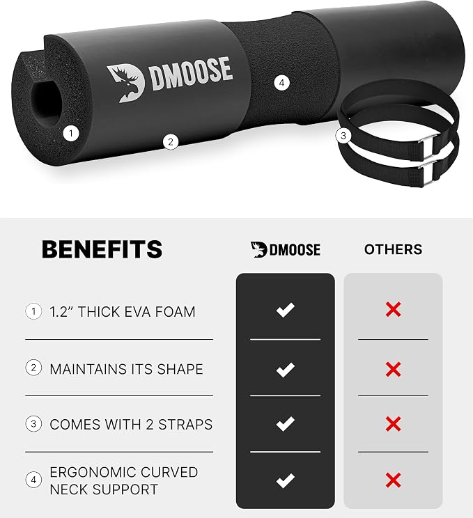 DMoose Fitness Barbell Pad for Hip Thrust, Squat & Lunges - Non-Slip Thick Foam Cushion for Neck and Back Support with Two Straps - Hip Thrust Pad for Leg Day - Fits All Olympic Bars and Smith Machine