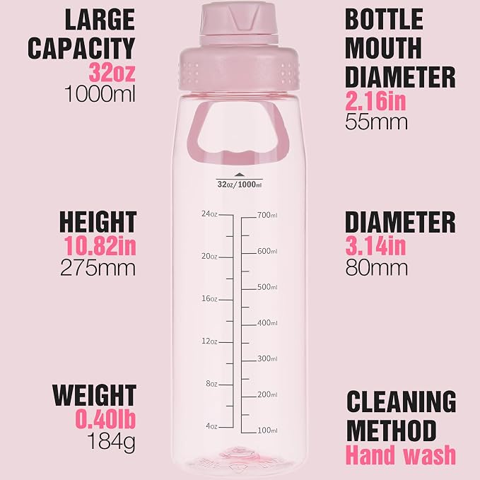 32oz Clear Water Bottle - BPA-Free Tritan Plastic, Fast Flow Spout Lid, Wide Mouth & Leakproof Design Hiking Water Bottle Suitable for Travel, Outdoors, Gym, Travel, Home, School（Pink）