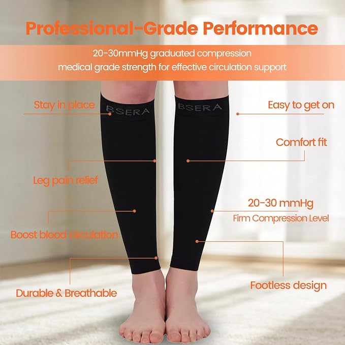 BSERA Calf Compression Sleeve Women, 2 Pairs 20-30mmHg Footless Compression Socks for Swelling Shin Splints Varicose Veins