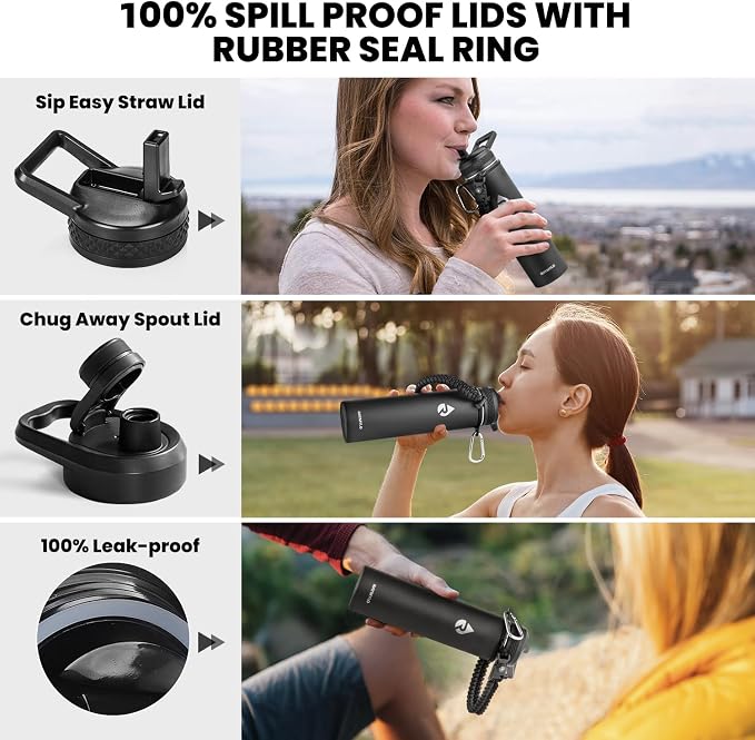 RAYMYLO Insulated Water Bottle 24 oz, Triple Wall Vacuum Stainless Steel | (Cold for 24Hrs, Hot for 12Hrs), Leak Proof & Non-BPA, Modern Water Flask Jug with Paracord Handle & Straw Spout Lids