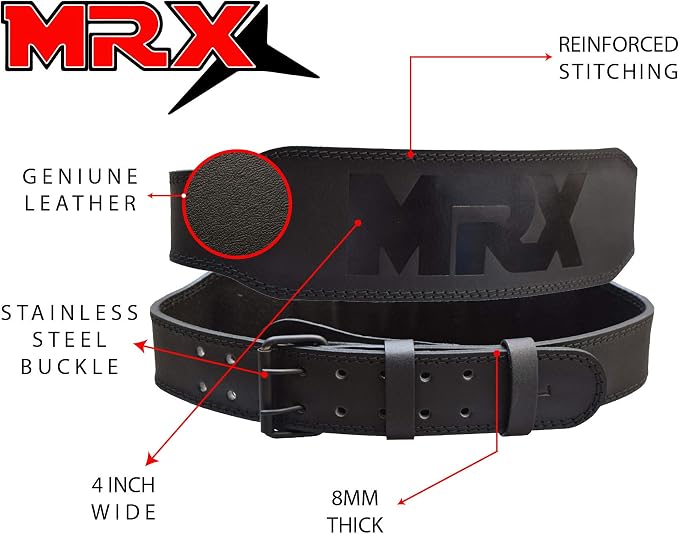 MRX Weight Lifting Belt Genuine Leather - 4 Inches Wide 8mm Thick Padded Lumbar Back Support Double Prong Powerlifting Belts Heavy Duty Deadlifts Workout Squats & Exercise Belt for Men & Women