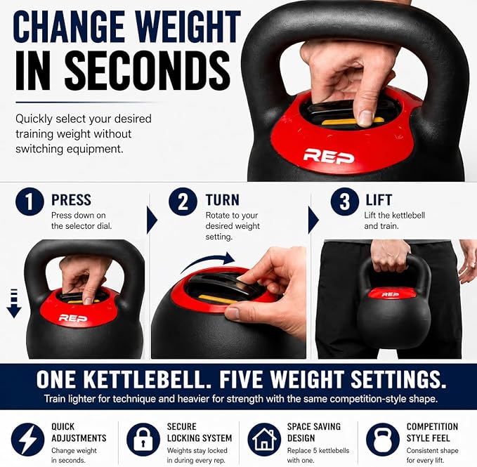 Rep Fitness Adjustable Kettlebell | Weight Set for Home Gym | Strength Training Equipment for Men & Women | Compact Steel Bell with Ergonomic Handle | 20–40 lb (9–18 kg) Variable Options