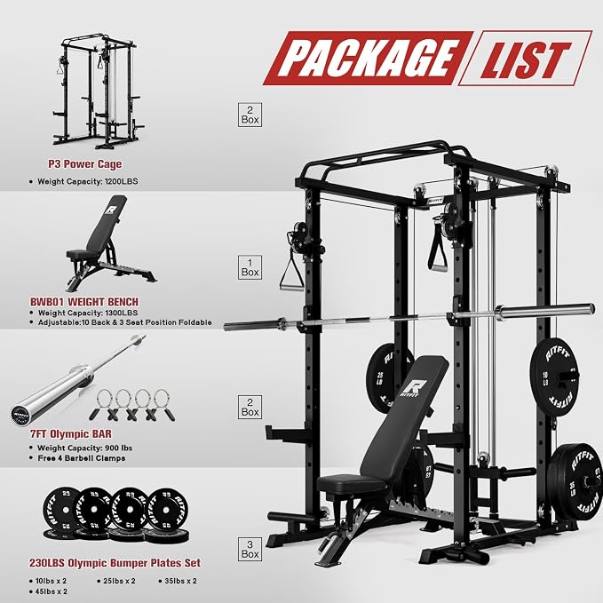 RitFit PPC-P3 Power Cage with Cable Crossover System, 1200LB Capacity | LAT Pulldown & Cable Crossover System with Bumper Plate Set, Olympic Barbell, Bench