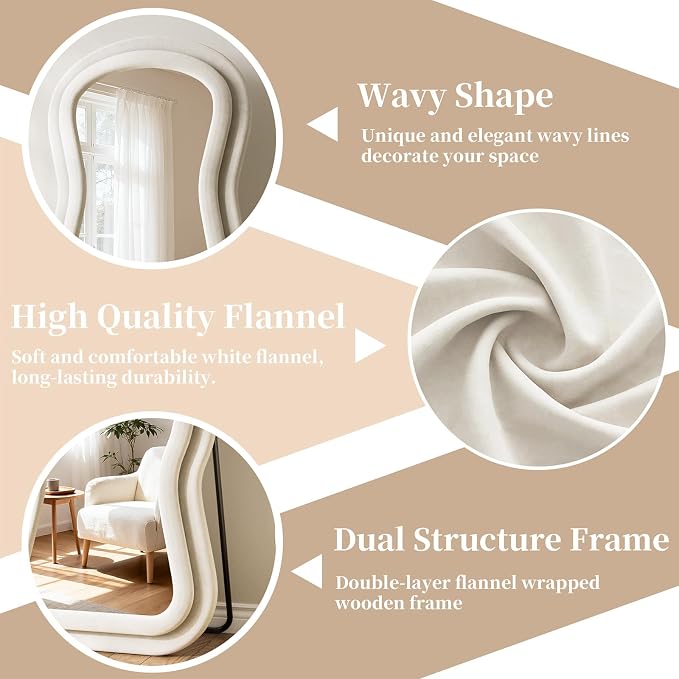 Mirror Full Length Flannel, 63"x24" Full Body Mirror with Stand | Flannel Floor Mirrors, Standing Mirror for Bedroom, Living Room, Dressing Room, Hanging Leaning Wall Mirror, Beige