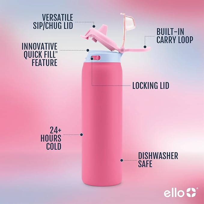 Ello Pop & Fill Insulated Stainless Steel Water Bottle with Quick Fill Lid, Leakproof Locking, Sip or Chug Spout, BPA-Free, Double Wall Vacuum Insulated for Sports, Travel & School- 22oz / 32oz / 40oz