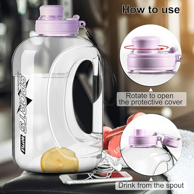Doseno Large Water Bottle, 95 oz/2.8 L with Straw & Portable Strap, Purple | Lightweight plastic water jug has a measuring scale, leakproof lid and covered spout for gym, outdoor sports and daily use.