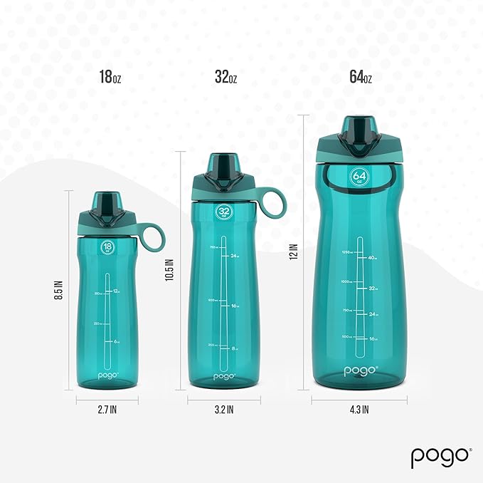 Pogo 64oz Plastic Water Bottle with Chug Lid and Carry Loop, Teal | Leakproof water bottle with chug lid and capacity markings. BPA-free, great for travel, school, outdoors, and gym.