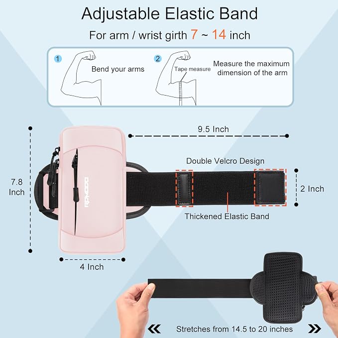Running Armband Phone Holder, Water Resistant Arm Band 7.5" Pink | Lightweight, Adjustable Cell Phone Holder for Running, Large Capacity Arm Bands for iPhone 17 16 Pro Max Samsung Galaxy