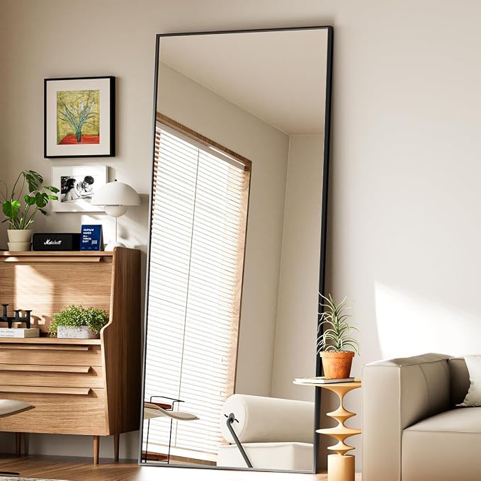 VooBang Mirror Full Length, 24" x 65" Floor Mirror with Stand Black | Aluminum Alloy Frame Full Body Dressing Mirror Standing Hanging or Leaning Against Wall for Bedroom Living Room