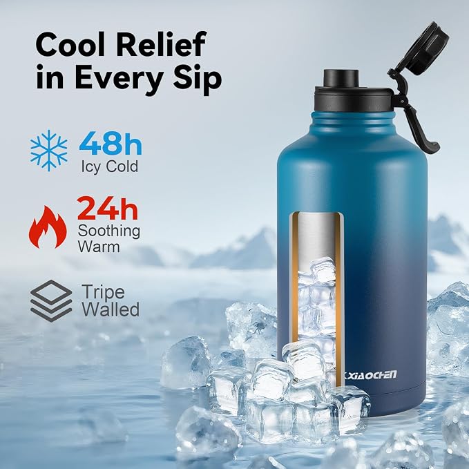 KXIAOCHEN Insulated Water Bottle with Strap, 48-Hour Cold, 2 Lids | Triple-wall insulation, lead-free 18/8 Stainless steel, paracord handle, carabiner clip, for gym, hiking, camping and travel