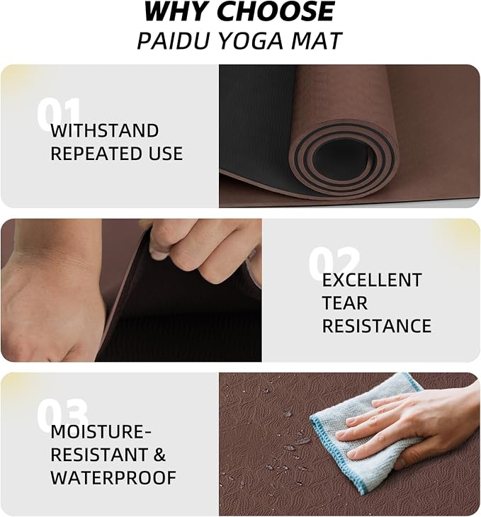 PAIDU Extra Long Wide Yoga Mat, （10mm） Thick Non-Slip Exercise Mat 76"x33" | large mat, ideal for yoga, Pilates & home gym, with non-slip grip & cushioning for all exercises.