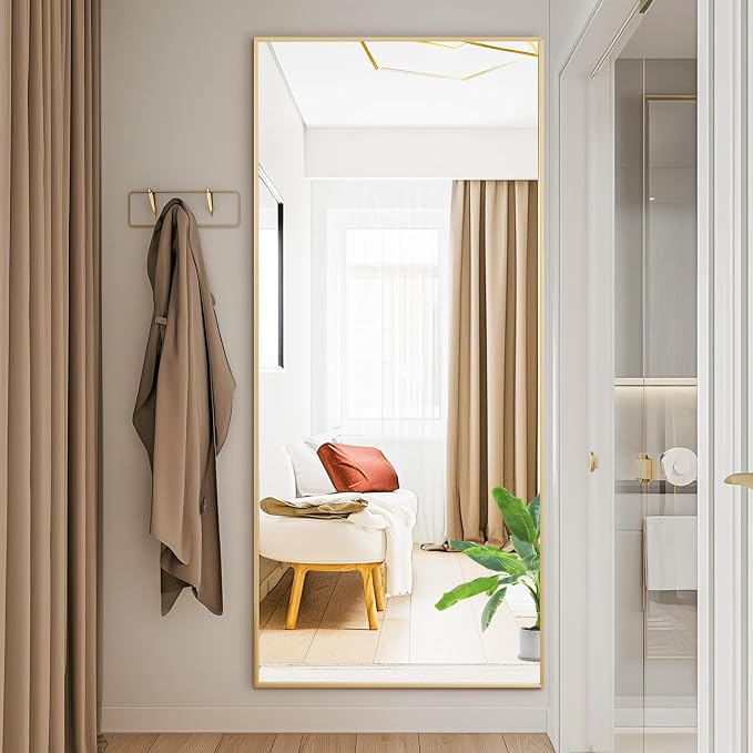 DUMOS 24"x65" Full Length Mirror with Stand, Floor Standing Aluminum Frame, Shatter-Proof Nano Glass for Bedroom, Living Room, Cloakroom – Modern Simple Home Decor,Can Be Hanging or Leaning, Gold