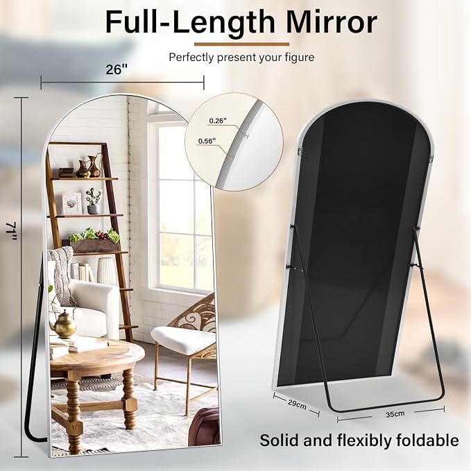 Arched Full Length Mirror 69"x25" Leaning Hanging Decor Silver | Standing Body Mirror with Aluminum Frame for Bedroom Cloakroom Living Room Make-up Gift