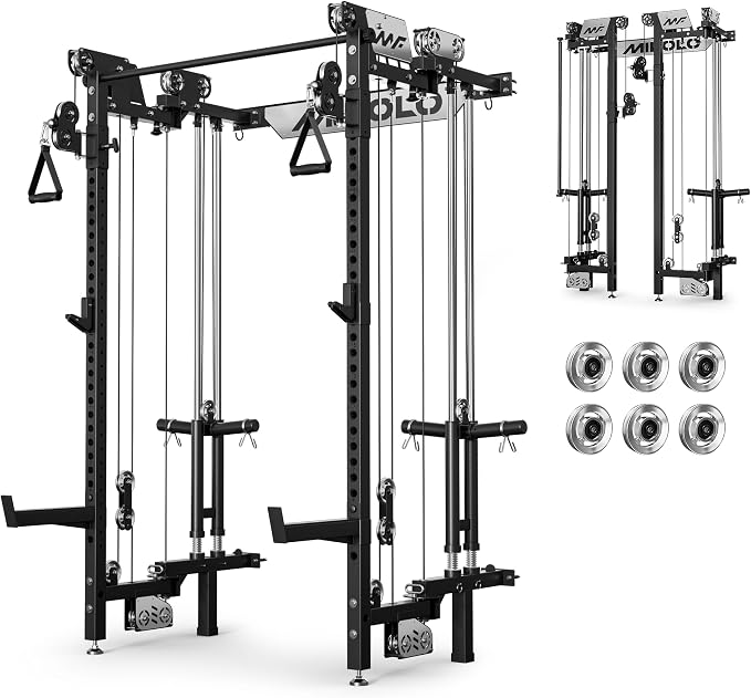 Mikolo Folding Squat Rack, Wall Mounted Power Rack with Cable Crossover Machine & LAT Pull Down, Functional Trainer with 5 Adjustable Function Modes, Home Gym Package