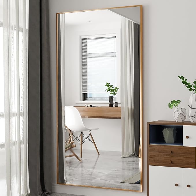 Beauty4U 76" x 37" Full Length Mirror with Stand, Gold Large Floor Mirror | Standing, Leaning, or Wall-Mounted Tempered Glass Full Body Mirror with Metal Frame for Bedroom, Closet, Modern Home Decor