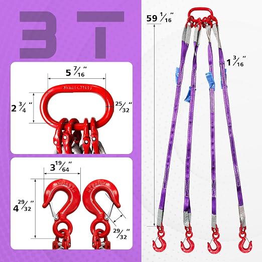 Four Leg Bridle Web Sling 5ft 6600lbs Lifting Slings with G80 Alloy Steel Grab Hooks and Adjuster Polyester Webbing Purple Rigging Straps for Safe Towing and Handling of Cargo