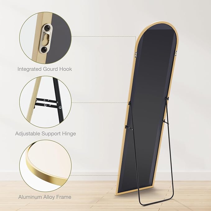 DUMOS 59"x16" Arched Full Length Floor Mirror, Full Body Standing Mirror with Aluminum Frame, Shatter-Proof Nano Glass for Modern Simple Home Decor, Hanging or Leaning, Gold