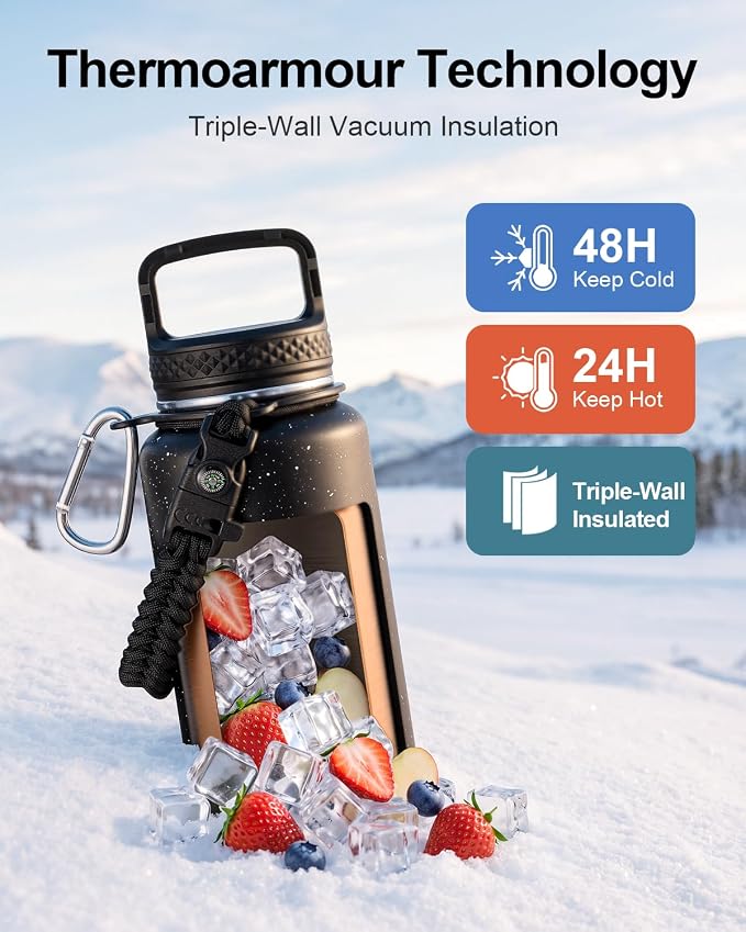 Trebo Water Bottle Insulated 40 oz with 3 Lids, Paracord Handle & Sleeve | Stainless Steel Flask Vacuum, Triple Wall Copper Plated, Dishwasher Safe, Keeps Cold 48Hrs for Hiking, Gym, Wide Mouth