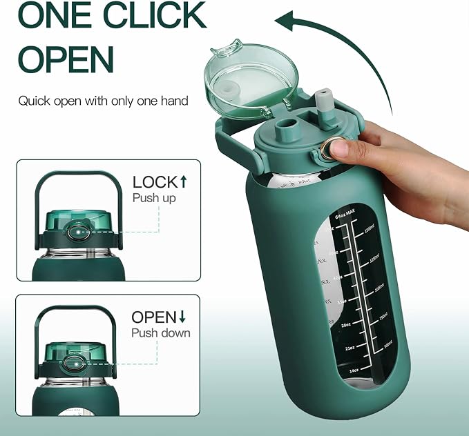 chunmo 42oz/52oz/64oz Glass Water Bolttles with Straw Half Gallon Large Motivational Water Bottle with Time Marker Sports Water Bottles with Silicone Sleeve and Handle Lid Water Jug for Gym Workout