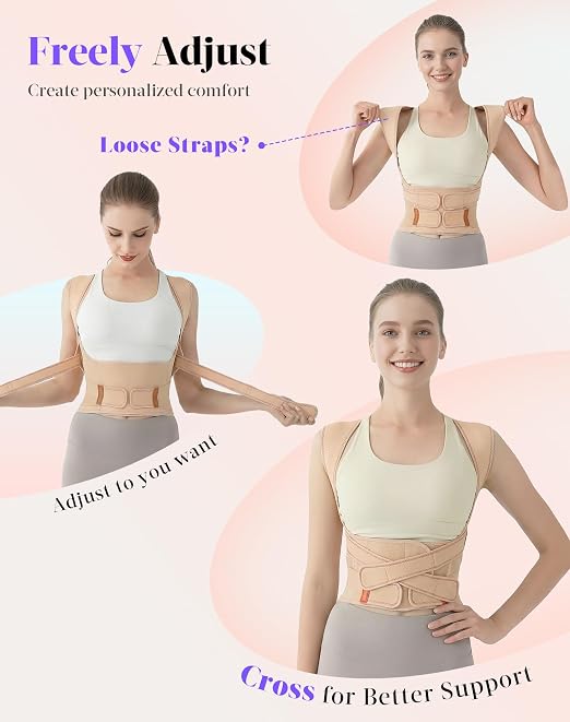 Posture Corrector for Women and Men, Full Back Support Brace, Adjustable Shoulder Straightener, Improving Posture, Relief Upper and Lower Back, Neck Pain, Beige, Large
