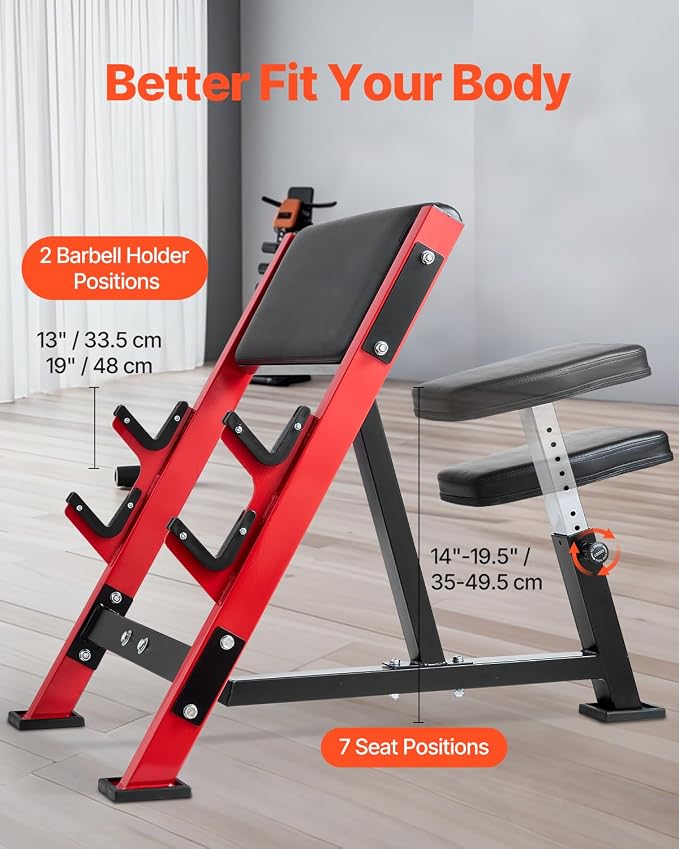 VEVOR Preacher Curl Bench, Strength Training Benches, Max Load 660 LBS Home Gym Fitness Equipment, Seated Arm Isolated Barbell Dumbbell Bicep Station, Adjustable Weight Bench with Bar Holders