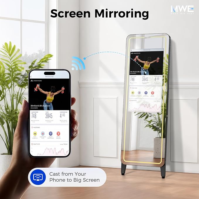 Smart Fitness Mirror, 32 Inch HD Touchscreen, 63 Inch Full-Length Workout Mirror, Android 12, RGB Music Sync, Wall Mount/Stand
