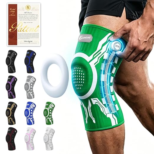 Kuangmi Knob Knee Brace for Pain Relief, Knee Support with Patella Gel Pad & Side Stabilizers, Compression Knee Sleeve for Workout, Arthritis, Joint Pain, Meniscus Tear (Green White,Left,XX-Large,Single)
