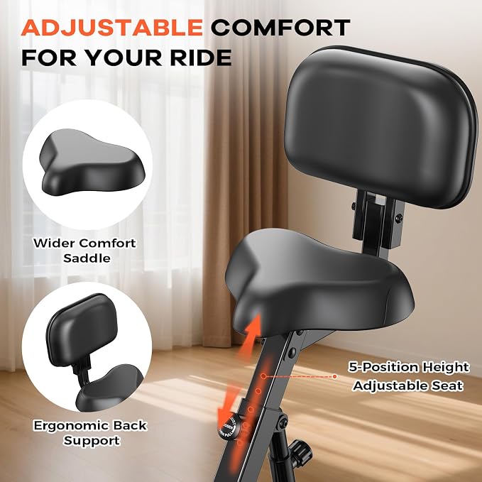 pooboo Folding Exercise Bike, Foldable Upright Stationary Bike, Indoor Cycling Magnetic X-Bike with 8-Level Adjustable Resistance, 6.6 LBS Flywheel, 300LB Capacity, Back Support Cushion for Home Gym