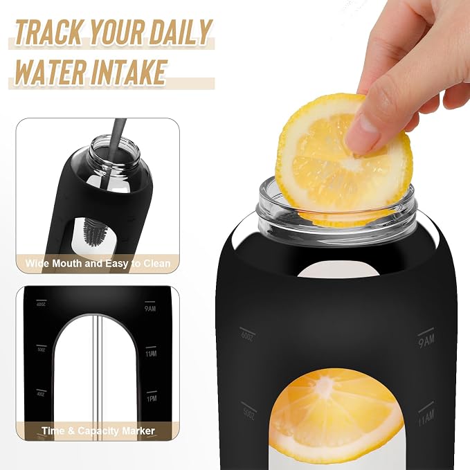 FULBEVY Glass Water Bottles 64 oz - Half Gallon Large Motivational Daily Water Intake Bottle Time Marker - Glass Water Bottle With Straw, Silicone Sleeve 2 Lids, Handle Spout & Bamboo Lid(Black)